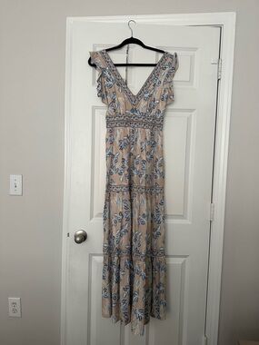 INTERMIX Beige Maxi Dress with Blue Floral Print